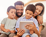 Family bonding, children and tablet kid game of parents and kids together on a education app. Happy people on digital games, internet and online video watching on a house sofa with technology 