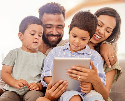 Buy stock photo Family bonding, children and tablet kid game of parents and kids together on a education app. Happy people on digital games, internet and online video watching on a house sofa with technology 