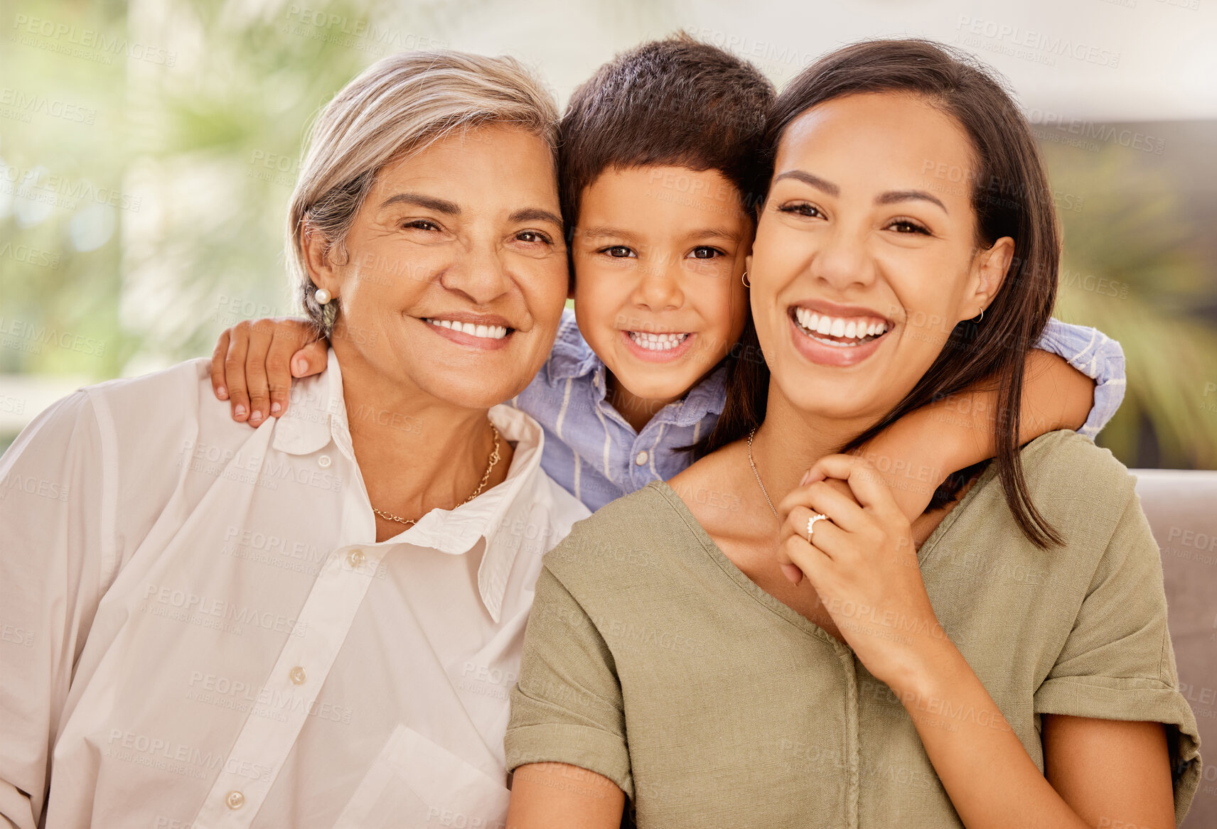 Buy stock photo Happy, mother and grandmother with child hug relaxing on living room sofa with smile at home. Portrait of mama, grandma and little boy smiling in happiness for relationship, bonding or family time