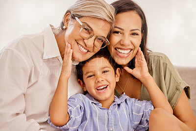 Buy stock photo Happy, mother and grandmother portrait with child for family bonding together in happiness at home. Mama, grandma and little boy with smile for relationship, free time and relax on living room sofa