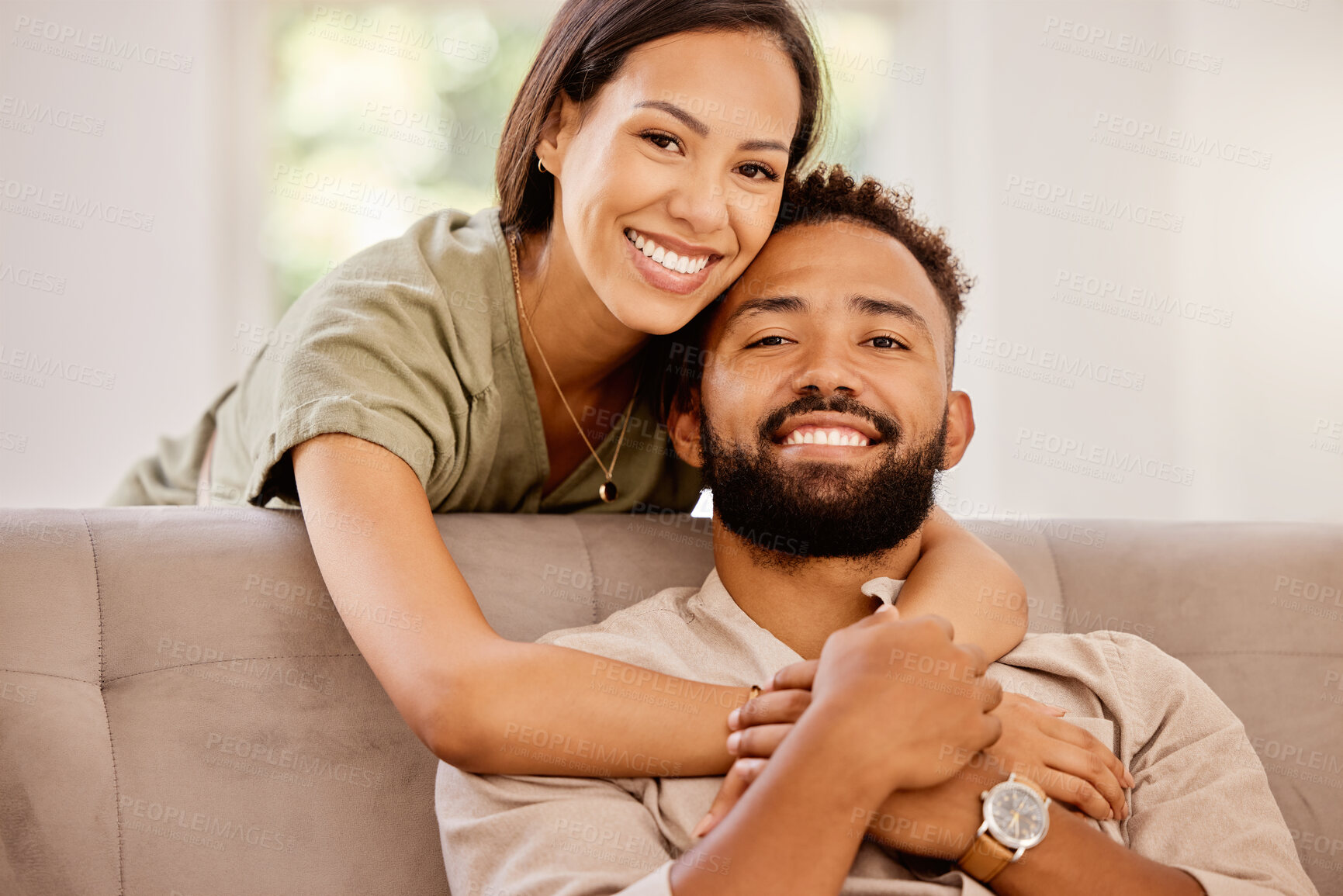 Buy stock photo Relax, love and portrait of couple on sofa together for happy, marriage and affectionate hug. Smile, connection and care with man and woman in living room together for relationship, peace or wellness