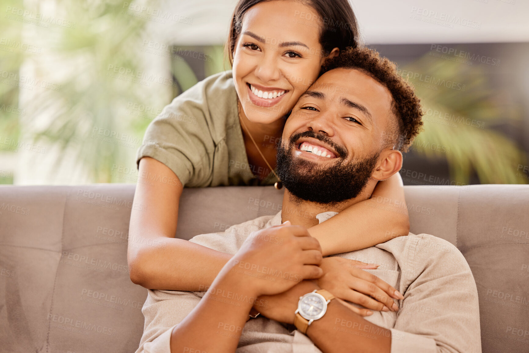 Buy stock photo Smile, love and portrait of couple on sofa for happy, support and hug together with connection. Relax, partner and peace with man and woman in living room at home for marriage, relationship and care