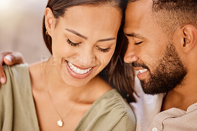 Buy stock photo Face, love and couple with a man and woman bonding during an intimate moment together in their home. Smile, romance and happy with a young male and female spending time together in their house