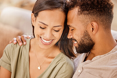 Buy stock photo Black couple, happy and love on sofa in closeup, living room and hug for bonding, care and together. Woman, man and happiness for embrace, smile and romantic for relationship in home, house or lounge