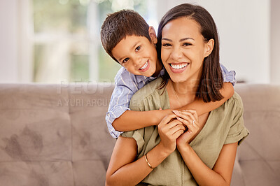 Buy stock photo Boy, mother and sofa show love in home, happy and smile together in living room. Mom, child and couch love with happiness, hug and relax with affection in portrait at family home in Amsterdam