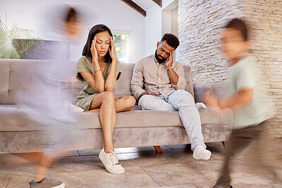 Buy stock photo Sofa, family and tired with fast children running with speed in living room of house together. Fatigue, exhausted or headache of young parents at home in Mexico with busy adhd or hyper kids.

