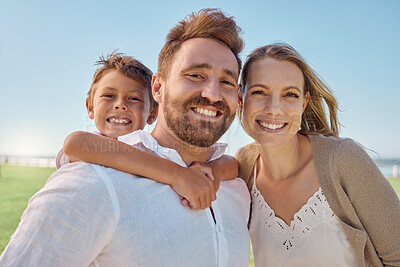 Buy stock photo Family, children and piggyback with a man, woman and son outdoor on a field during a vacation or holiday together. Kids, travel and love with a mother and father bonding with their boy child outside
