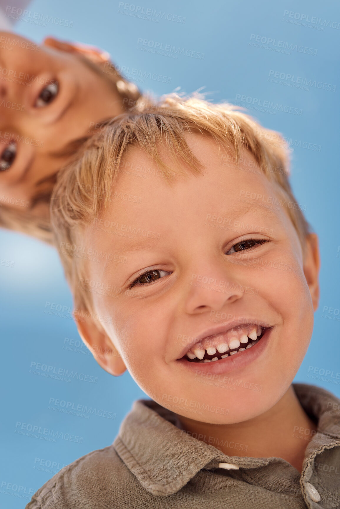 Buy stock photo Happy, child and boy face in summer with a smile feeling happiness outdoor ready to play. Portrait of children, kids and youth faces together in nature of friends or siblings smiling with energy 
