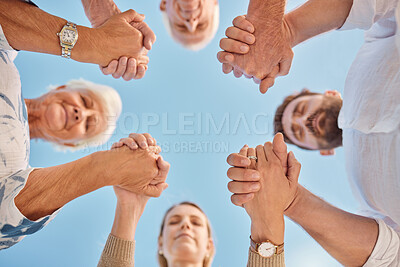 Buy stock photo Family, group and holding hands in circle for praying, faith and bonding together outdoor. Mom, dad and grandparents with spiritual, sky and religion for God, happiness and closed eyes in gratitude