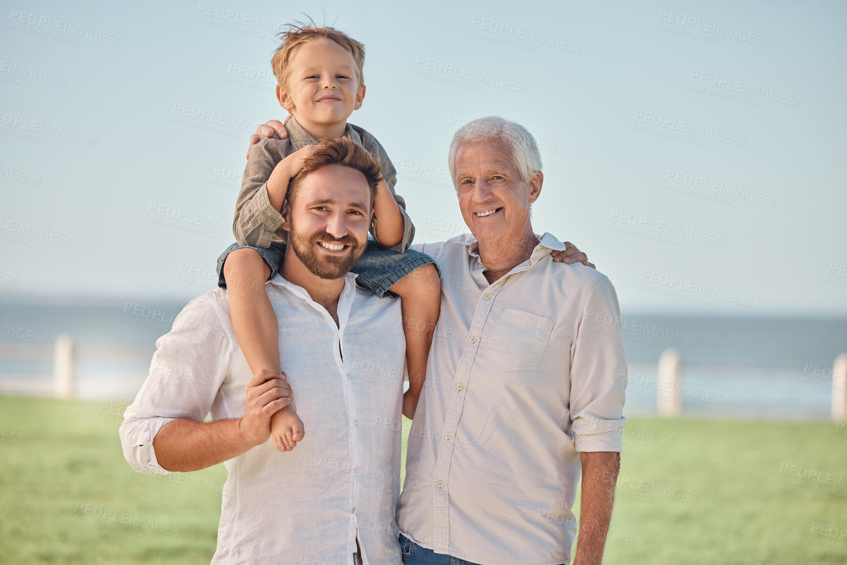 Buy stock photo Grandfather, boy and portrait with father at park carrying kid or piggy back outdoors on vacation, summer holiday or trip. Love, support and happy man, child and grandpa bonding, care and having fun.
