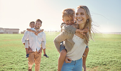 Buy stock photo Family, kids and piggy back at park, nature or outdoors on vacation, holiday or summer trip. Love, support and caring parents, man and woman bonding with boys, carrying and enjoying fun time together