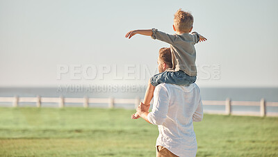Buy stock photo Father, child and shoulders for walk in nature spending quality time or bonding together in the outdoors. Dad and kid walking enjoying freedom adventure for love, care and piggyback in South Africa
