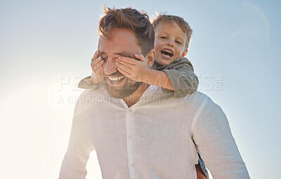 Buy stock photo Happy family, father and child hands covering dads eyes at a beach in summer, playing and having fun with surprise, guess and game. Family, hand and kid closing father eye while walking on vacation