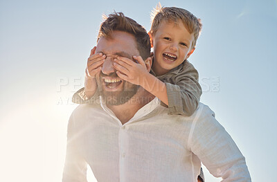 Buy stock photo Dad, child and piggy back with covering eyes for game, playing and funny time in sunshine with love. Sun, sky and family with bonding, father and kid while laughing, comic and happy together outdoor