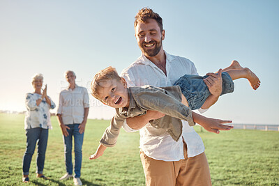 Buy stock photo Family, children and playing with a man and son having fun outdoor in a field in nature with grandparents. Summer, kids and love with a playful dad and boy outside together for bonding on vacation