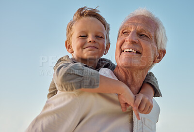 Buy stock photo Piggyback, child and grandfather with smile in nature for freedom, love and relax with a blue sky. Portrait of a young, happy and playful kid being funny, bonding and crazy with a senior man in park