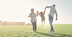 Love, grandparents and child being playful, happy and bonding on grass, outdoor and together. Grandmother, grandfather and girl enjoy summer holidays, adventure or travel for walking or holding hands