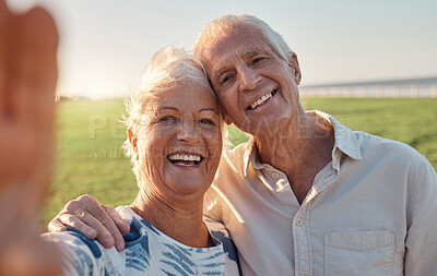 Buy stock photo Selfie, smile and senior couple in nature for a holiday in Argentina during their retirement together. Happy, smile and portrait of an elderly man and woman with a photo on a vacation in a park