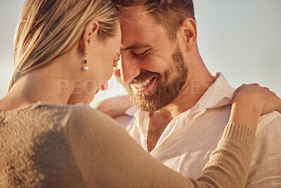 Buy stock photo Love, smile and couple forehead touch outdoors on holiday, vacation or summer trip. Romance, affection and happy man and woman bonding, loving and care while spending quality time together outside.