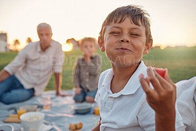 Buy stock photo Happy family, picnic and children eating fruit together on blanket in meadow on summer vacation. Young child smile, siblings bond and parents relax bonding in freedom nature park on summer holiday