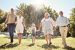 Black happy family, holding hands and walk in nature park bonding together on summer vacation outdoors. Grandparents, parents and child fun in sun, relationship support and cheerful relax activity. 