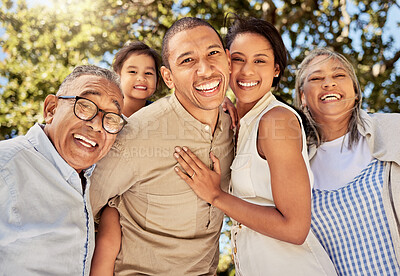 Buy stock photo Big family, portrait smile and hug in nature for quality bonding time for summer vacation in the outdoors. Mother, father and kid with grandparents smiling together in happiness for fun family trip