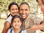 Selfie, family and park with a black couple and foster asian girl child posing for a photograph together outdoor. Children, picture and summer with adopted parents and their daughter bonding outside