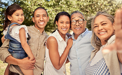 Buy stock photo Selfie, family and children with a girl, parents and grandparents posing for a photograph outdoor during summer. Kids, happy and love with a senior woman taking a picture with her son and daughter