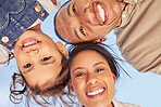 Family, face and children with a mother, father and girl bonding against a clear blue sky outdoor during summer. Kids, happy and smile with foster parents and adopted daughter in the day closeup