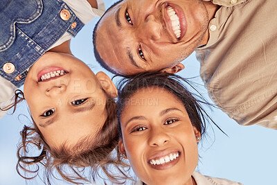 Buy stock photo Family, face and children with a mother, father and girl bonding against a clear blue sky outdoor during summer. Kids, happy and smile with foster parents and adopted daughter in the day closeup