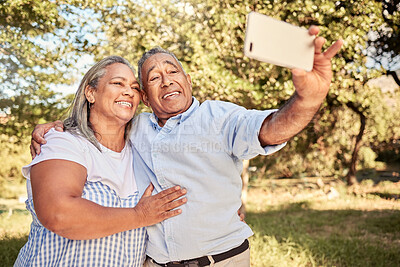 Buy stock photo Love, phone and old couple taking a selfie in nature on a happy retirement holiday vacation in summer in Brazil. Smile, freedom and senior woman enjoys taking pictures or photo outdoors with partner 
