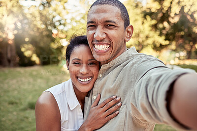 Buy stock photo Selfie, love and garden with a black couple taking a photograph while standing outdoor together in the yard. Portrait, smile and happy with a man and woman posing for a picture on a summer day