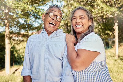 Buy stock photo Love, happy and laugh with a senior couple in a garden outdoor for bonding or fun on vacation. Together, relationship and romantic with an elderly man and woman pensioner outside on a summer date
