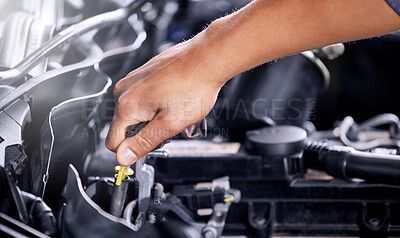 Buy stock photo Engineering, repair and mechanic working on a car, doing a service and check for problem with the engine at a workshop. Hands of a transportation technician doing maintenance on a van or vehicle