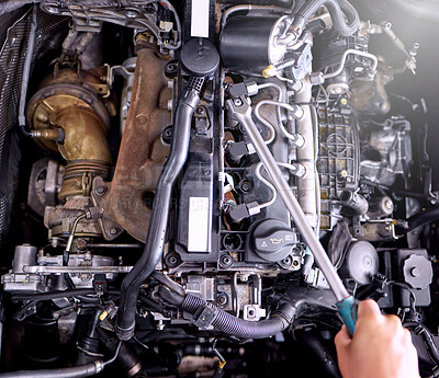 Buy stock photo Car engine in garage, mechanic hands working on auto repair service and inspection of valve with wrench tools. Technician checking machine, f1 industry engineer and diesel motor vehicle performance