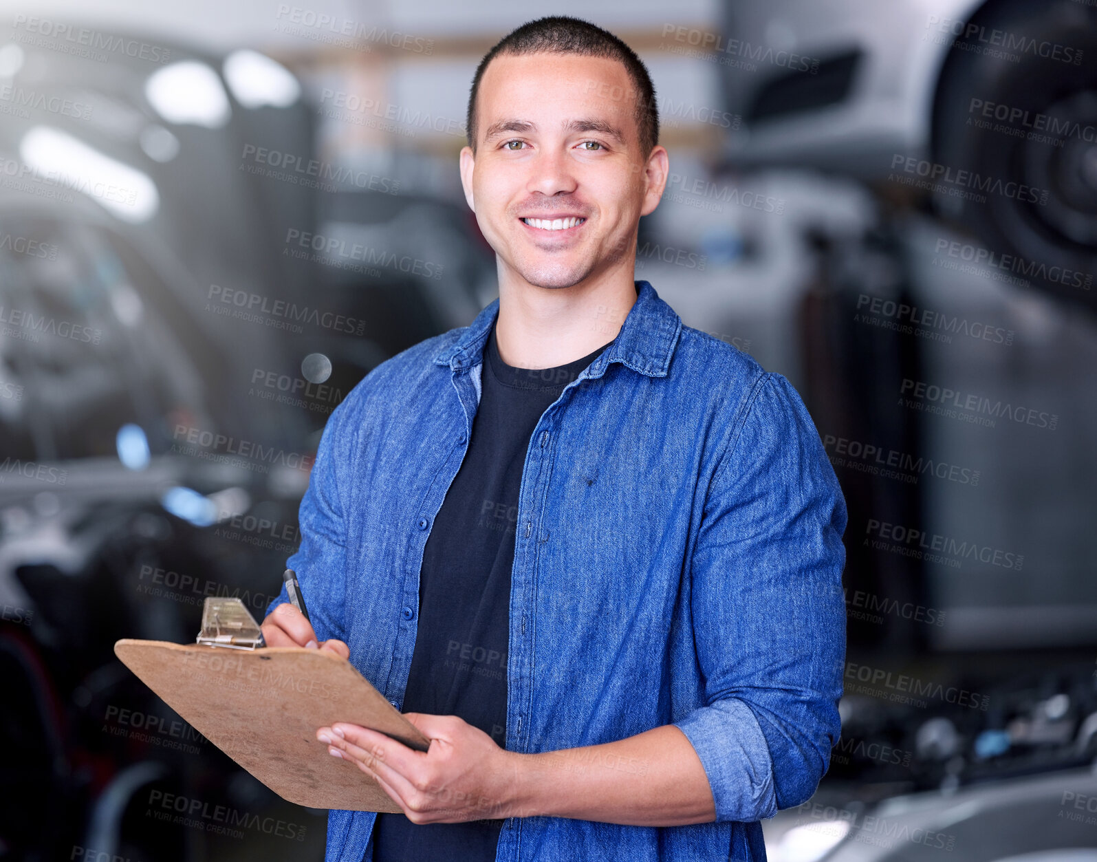 Buy stock photo Man, clipboard writing and mechanical engineer in workshop, car manufacturing industry and car garage. Portrait, smile and happy motor production worker with repair schedule or export parts documents