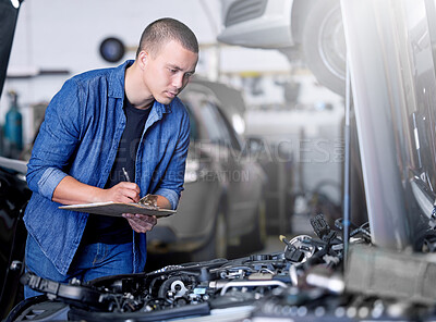 Buy stock photo Car service, inspection and mechanic by car with clipboard checking engine. Technician, engineer and man working in garage or workshop writing notes for repair, maintenance and motor care for vehicle