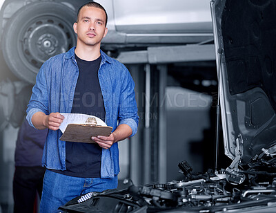 Buy stock photo Engineer, mechanic and car engine manager with checklist working on performance quote. Portrait of man motor technician, repair service and maintenance or diesel vehicle machine oil inspection
