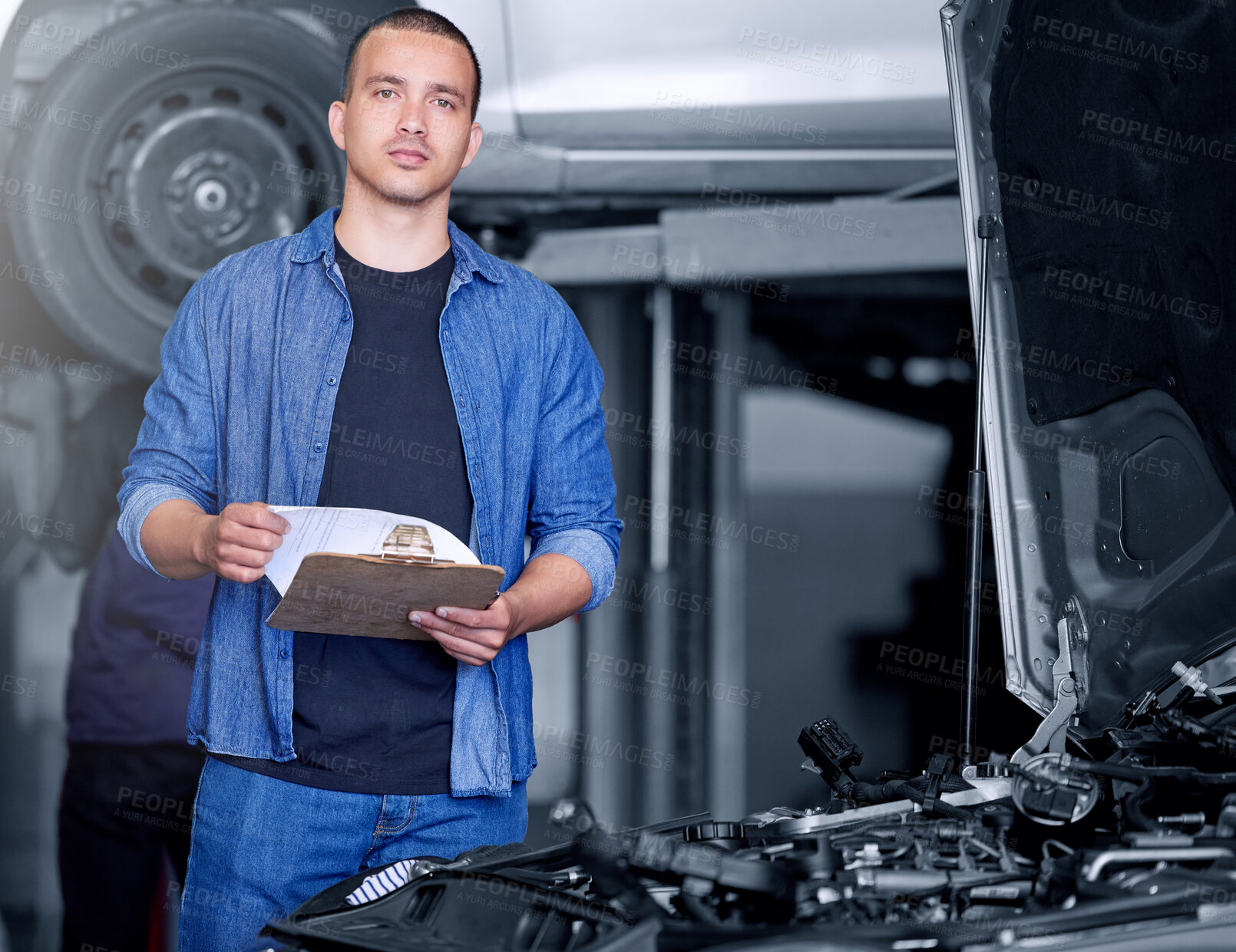 Buy stock photo Engineer, mechanic and car engine manager with checklist working on performance quote. Portrait of man motor technician, repair service and maintenance or diesel vehicle machine oil inspection
