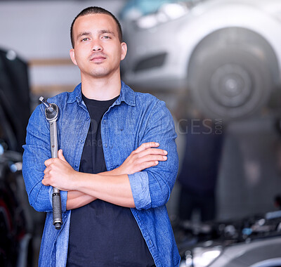 Buy stock photo Success, small business and mechanic in workshop with car at startup. Working, maintenance and quality assurance for car insurance, man or engineer in auto repair service garage with growth mission.