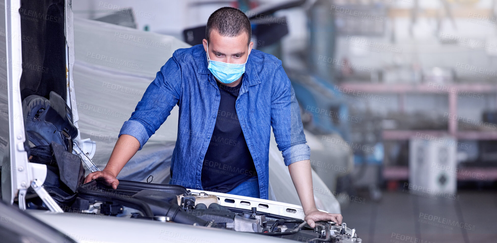 Buy stock photo Mechanic, engine and car, man with face mask for covid safety at auto repair garage, vehicle inspection and maintenance, mechanical engineering. Automobile engineer, car engine check at workshop.