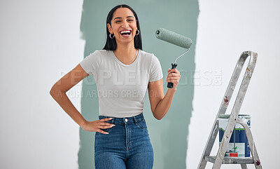 Buy stock photo Painting, ladder and hardware of woman in home renovation, room design color, and project development wall with excited portrait. Eco friendly green paint, brush and excited or happy woman painter