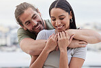 Care, interracial and hug for love in couple relationship with woman holding hands of partner. Happy Indian girlfriend of caucasian man enjoying outdoor embrace together with smile in Canada.

