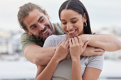 Buy stock photo Care, interracial and hug for love in couple relationship with happy woman holding hands of man. Indian girlfriend of caucasian partner enjoying bonding embrace for affection together in Canada.

