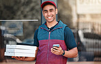 Pizza, delivery man and phone fast food app for home address or sending arrival notification on ecommerce online store website. Smile portrait of delivery guy with takeaway boxes for courier service