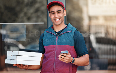 Buy stock photo Pizza, delivery man and phone fast food app for home address or sending arrival notification on ecommerce online store website. Smile portrait of delivery guy with takeaway boxes for courier service