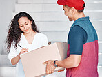 Ecommerce, man and woman with delivery signature on box for customer package, purchase and product. Courier, paperwork and document for online shopping distribution service employee at Mexico home.

