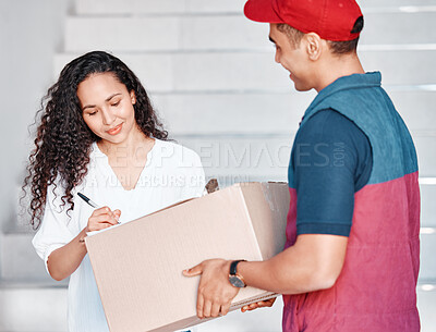 Buy stock photo Ecommerce, man and woman with delivery signature on box for customer package, purchase and product. Courier, paperwork and document for online shopping distribution service employee at Mexico home.


