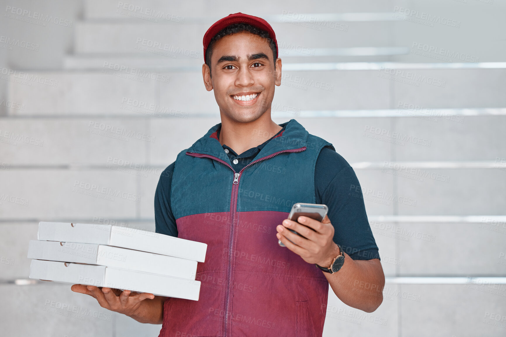 Buy stock photo Pizza delivery, man for fast food or phone network mobile app, box or ecommerce sale with smile. Driver, delivery or happy male with smartphone, tech or delivery guy for online shopping food store