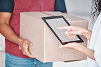 Delivery, box and woman with a green screen tablet app for advertising, product and digital marketing space. Ecommerce, shipping and courier with a package for a person typing on a device with mockup